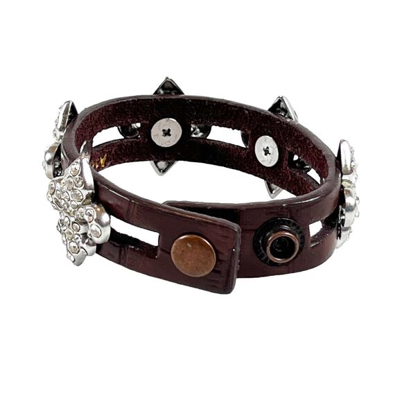 Brown Leather Bracelet w Rhinestone Fleur De Lis Rocker Chic Double Row Station - Picture 3 of 10
